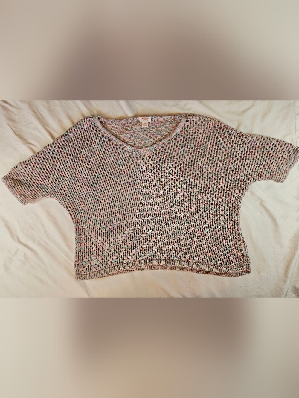 Mossimo Womens Rainbow Open Knit Oversized Cropped Short Sleeve Sweater Size L